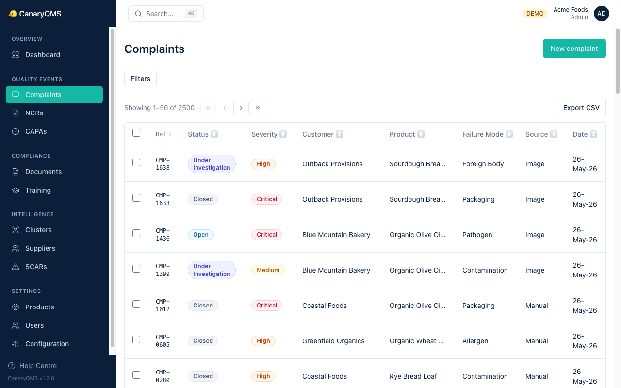 Complaints list view showing status, severity, and customer details